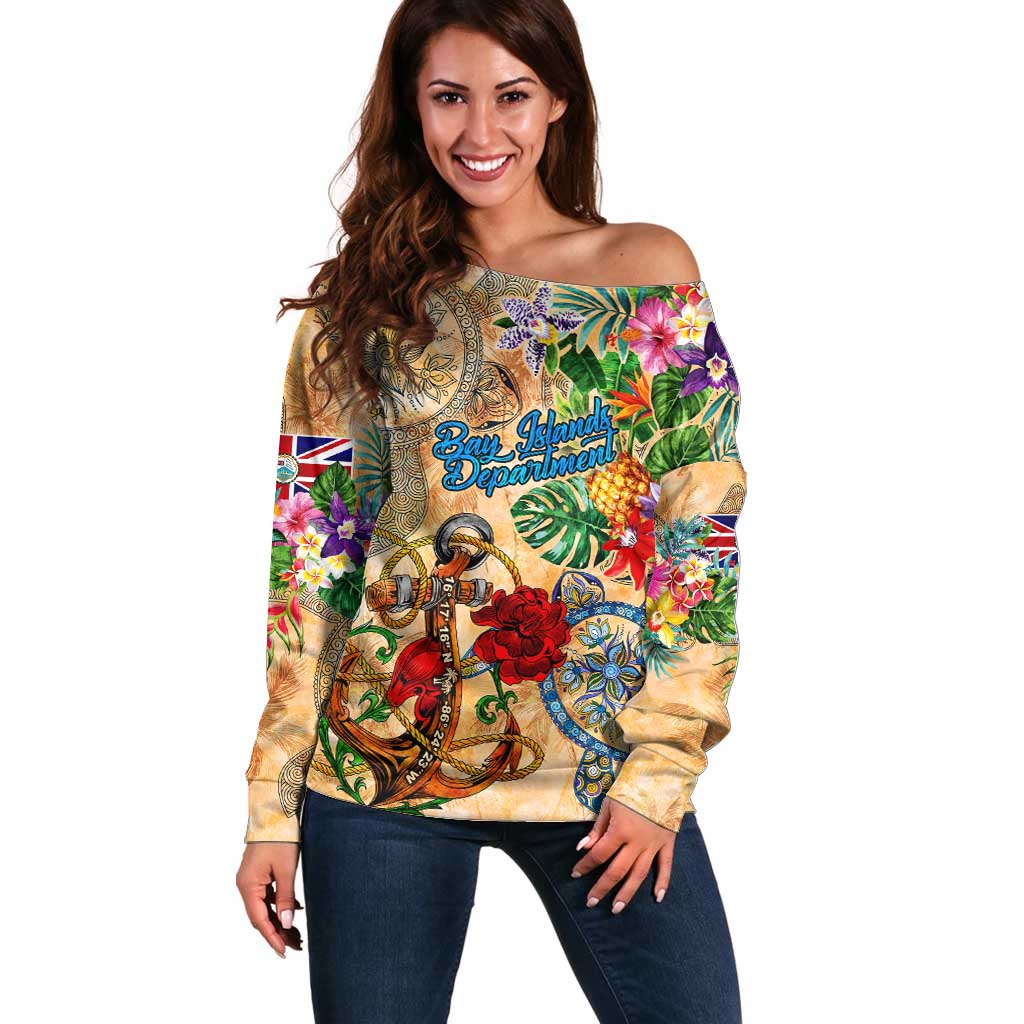 Bay Islands Department Off Shoulder Sweater Geographic Coordinate Anchor - Turlte Tropical