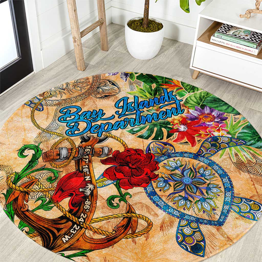 Bay Islands Department Round Carpet Geographic Coordinate Anchor - Turlte Tropical