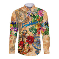 Orange long sleeve button shirt with tropical Guadeloupe anchor and floral graphic