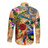 Orange long sleeve button shirt, back print with Guadeloupe script, anchor and flowers