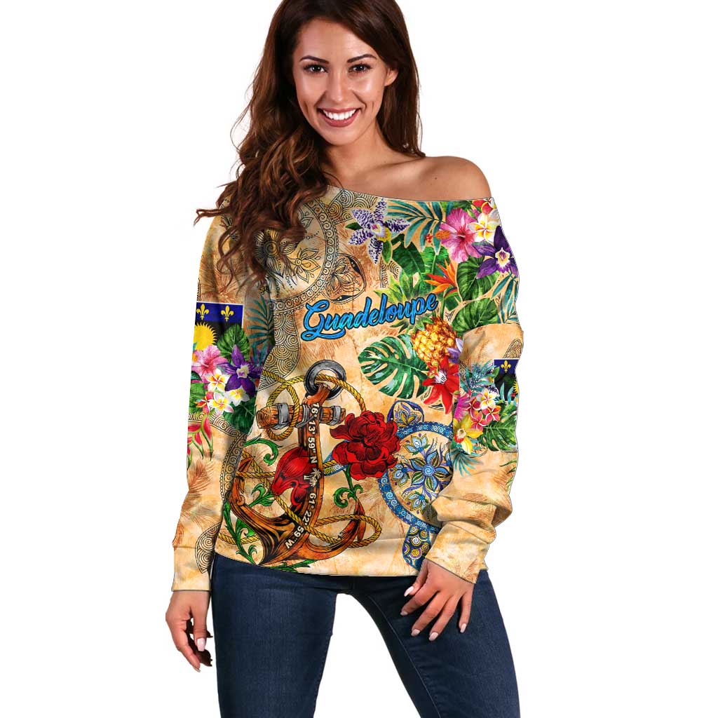 Guadeloupe Off Shoulder Sweater Geographic Coordinate Anchor - Turlte Tropical