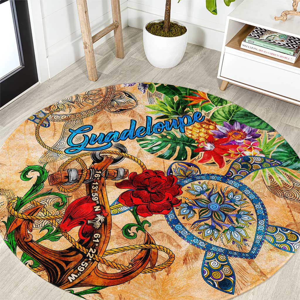 Guadeloupe Round Carpet Geographic Coordinate Anchor - Turlte Tropical