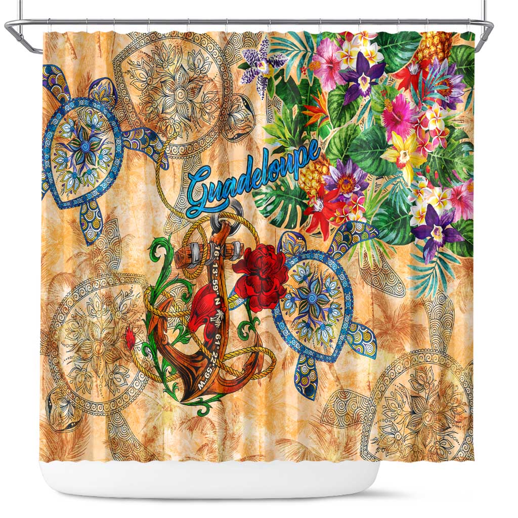 Guadeloupe Shower Curtain Geographic Coordinate Anchor - Turlte Tropical