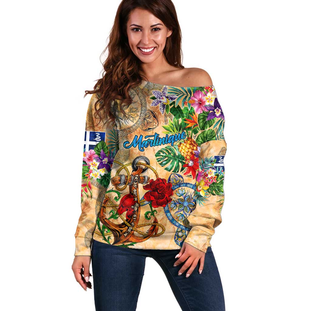 Martinique Off Shoulder Sweater Geographic Coordinate Anchor - Turlte Tropical