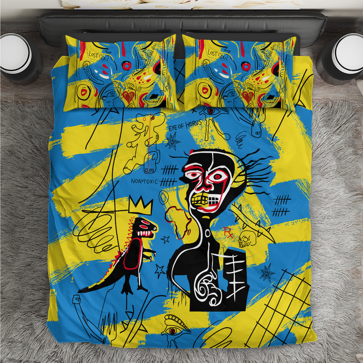Psychedelic bedding set with blue and yellow graffiti-style faces and abstract line art