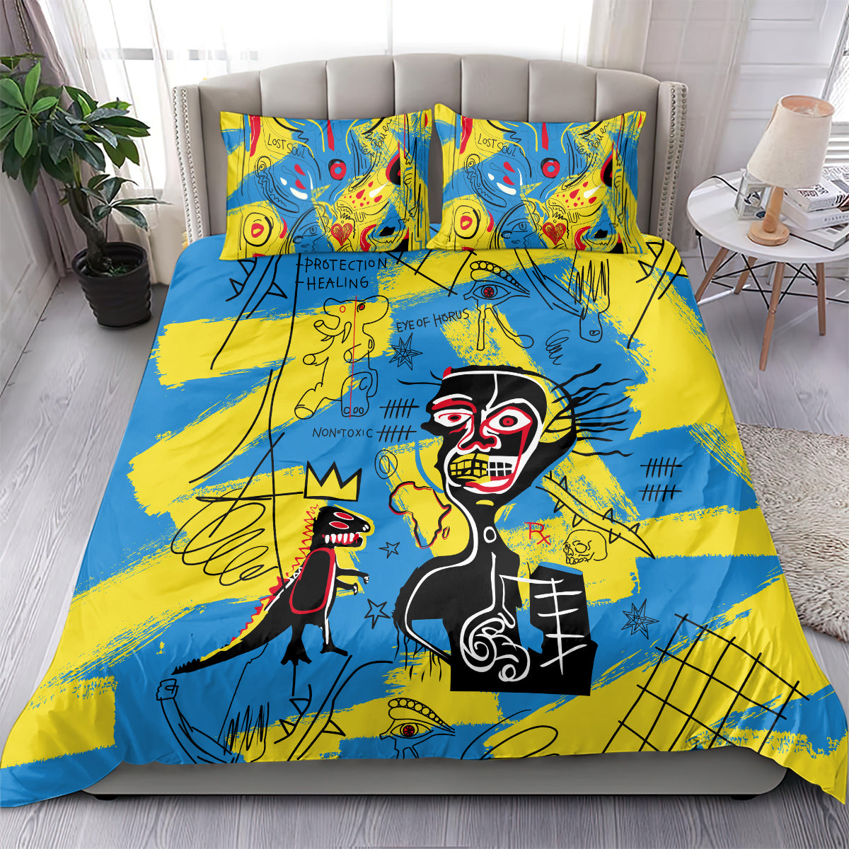 Psychedelic bedding set with two pillowcases, blue and yellow graffiti face artwork