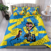 Psychedelic bedding set with two pillowcases, blue and yellow graffiti face artwork