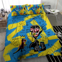 Psychedelic bedding set with full duvet and pillowcases in blue and yellow abstract faces
