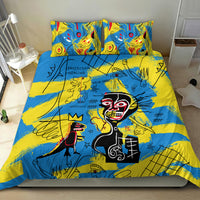 Psychedelic bedding set with blue/yellow graphic faces on duvet cover and two pillowcases