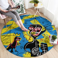 Round area rug with bold blue yellow psychedelic design, black skeletal figures illustration