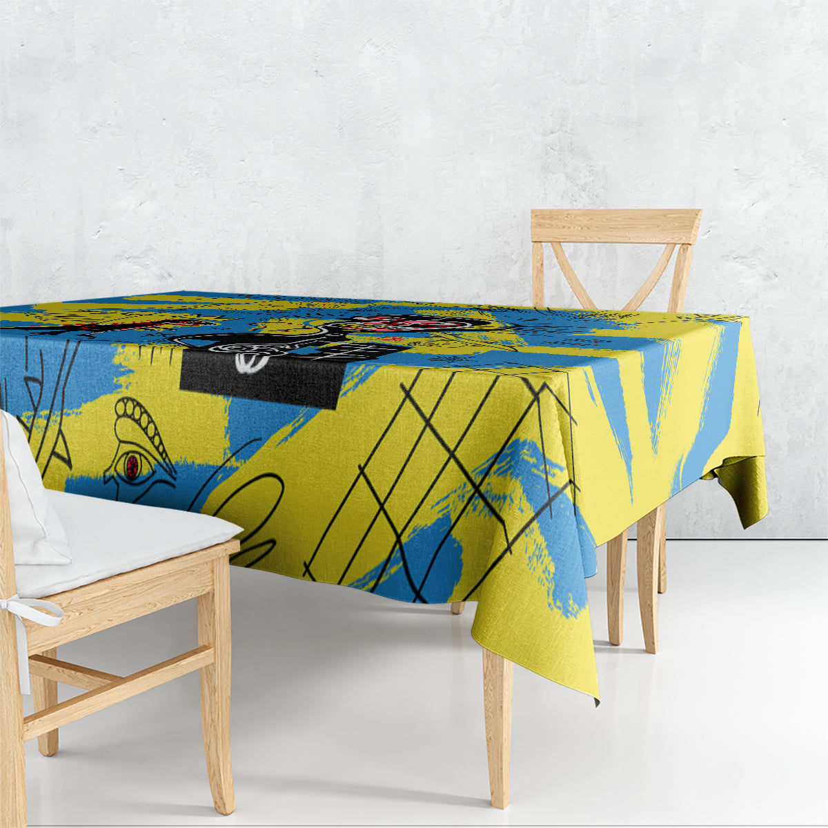 Psychedelic blue and yellow tablecloth with abstract line art and geometric blocks