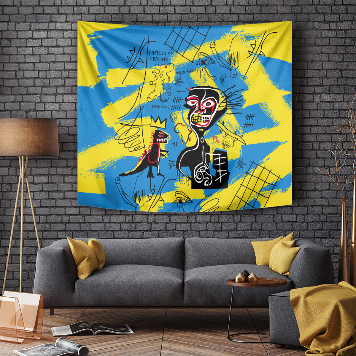 Psychedelic wall tapestry in blue and yellow with red-face character and abstract line art