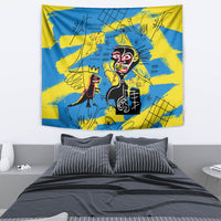 Blue and yellow psychedelic wall tapestry featuring red-face figures and abstract symbols