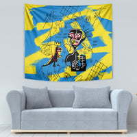 Blue and yellow psychedelic tapestry with red-faced figure and abstract doodle patterns