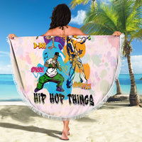Purple round beach blanket with hip hop dancer print and long white fringe border