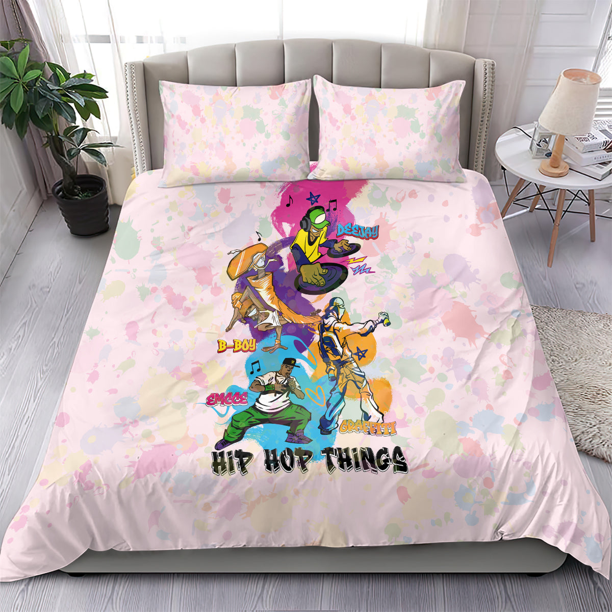 Purple pastel hip hop duvet and pillow set with graffiti-style dancer artwork