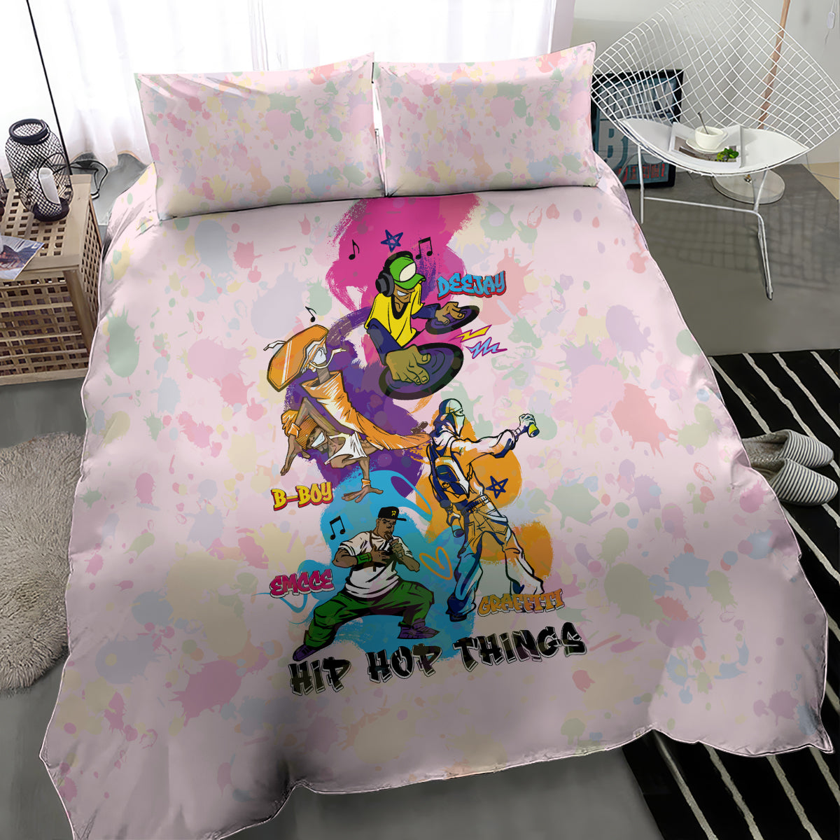 Purple pastel hip hop bedding set showing 'Hip Hop Things' graphic on duvet
