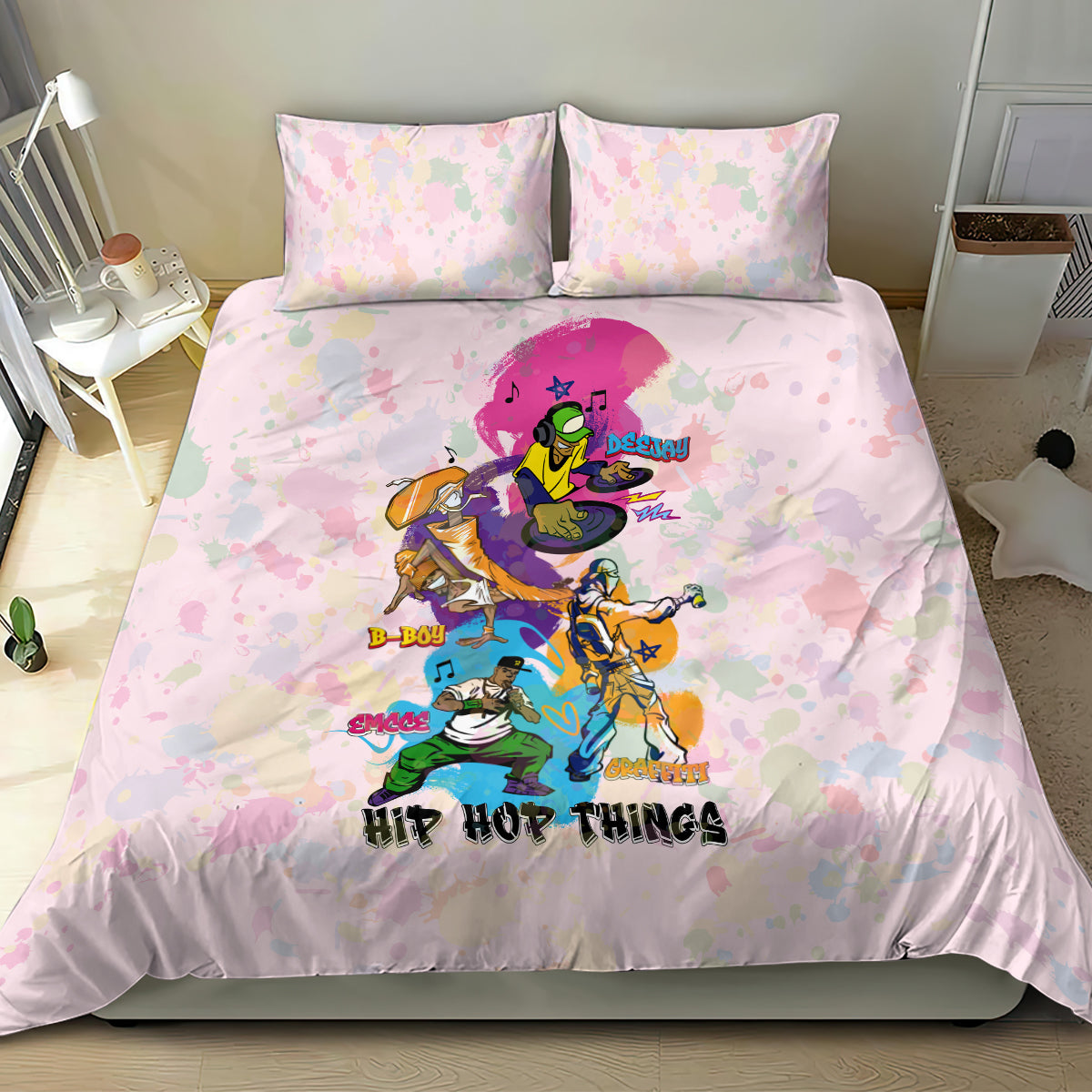Purple pastel hip hop bedding set with two matching pillows and dancer character print