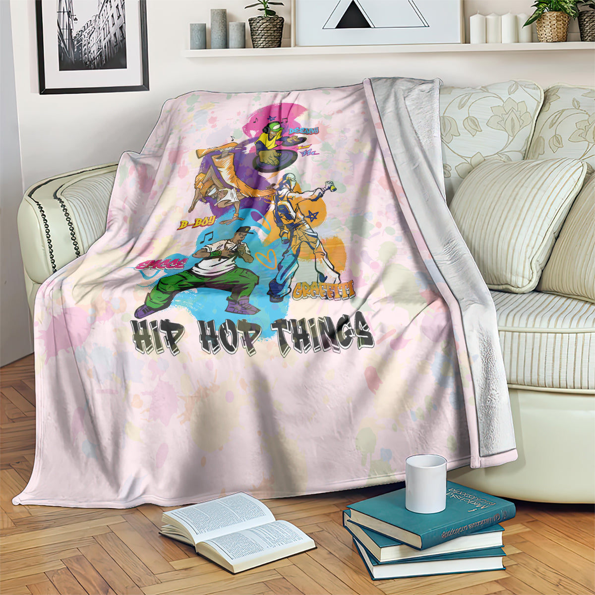 Light pink hip hop themed blanket with colorful character graphic and bold text