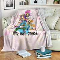 Light pink hip hop themed blanket with colorful character graphic and bold text