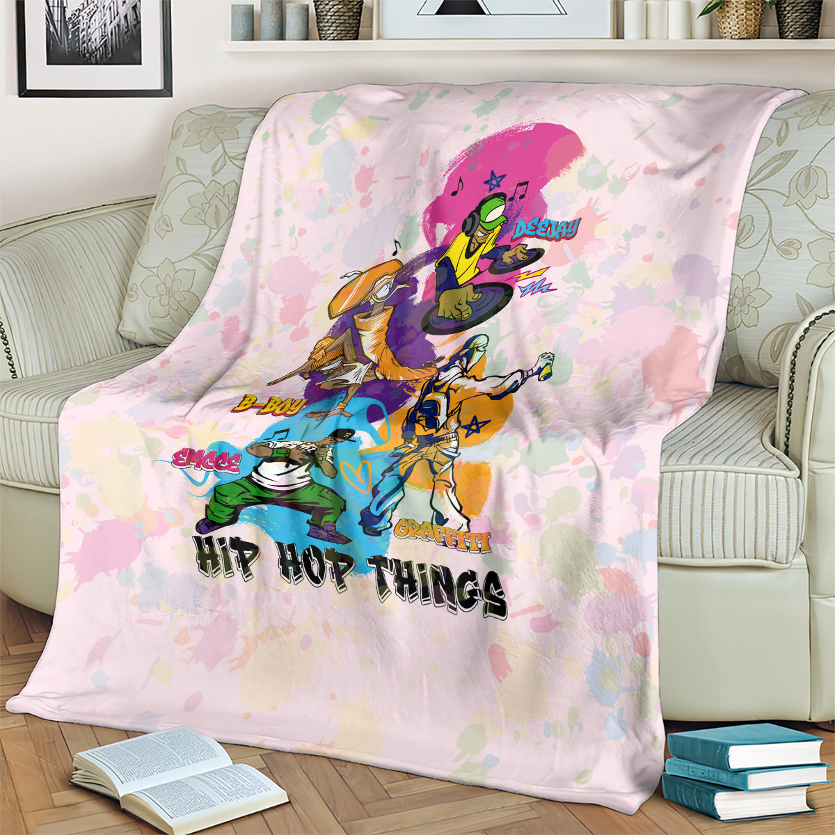 Light pink hip hop blanket with close-up character graphic and bold hip hop text