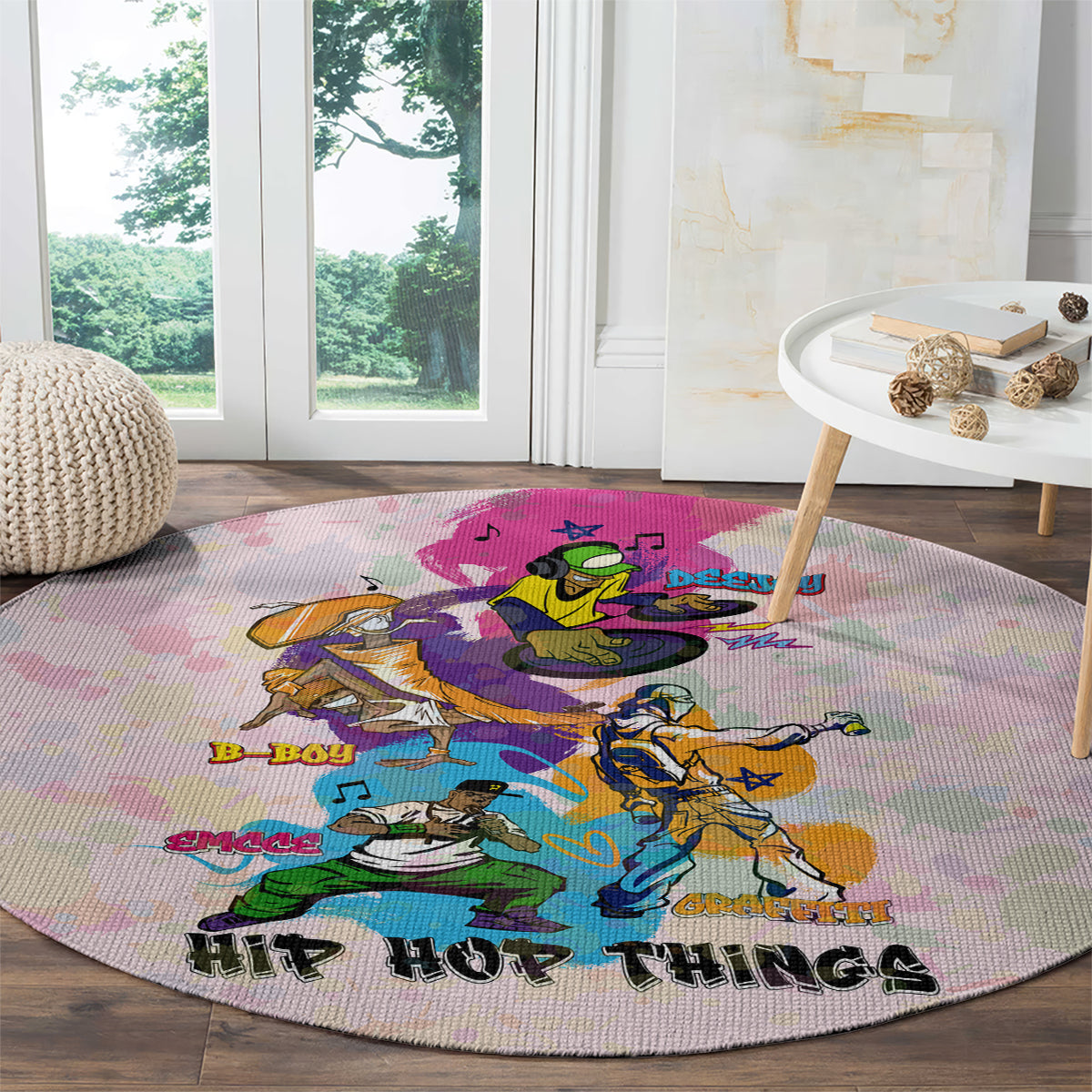 Purple round hip hop carpet with colorful character artwork and “HIP HOP THING” text.