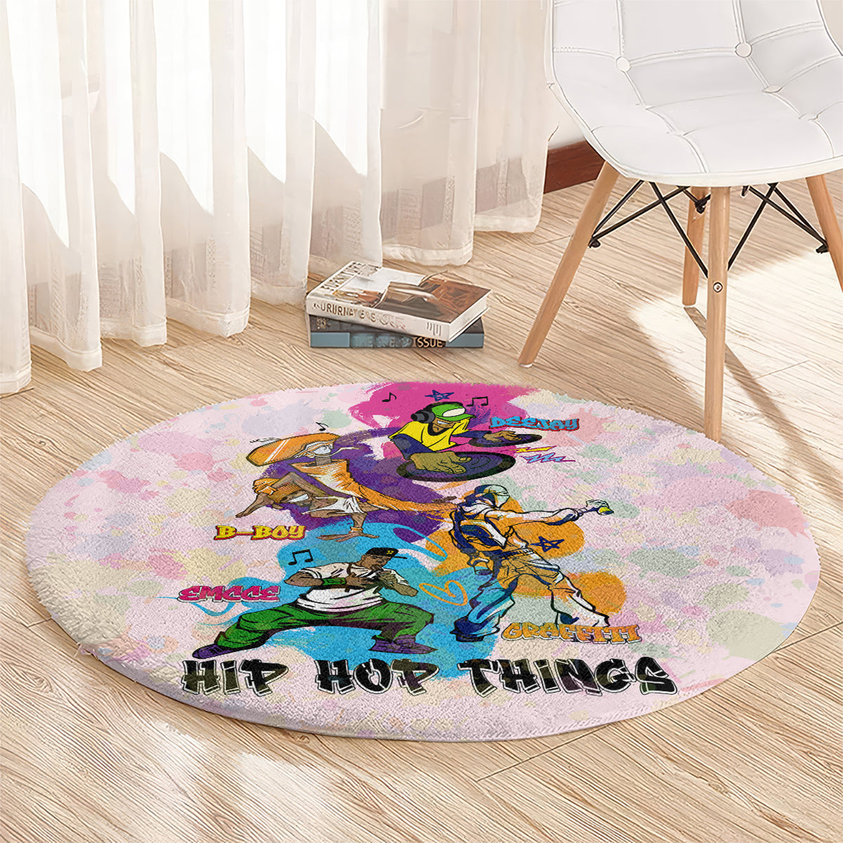 Purple round carpet with hip hop character collage and “HIP HOP THING” graphic text.
