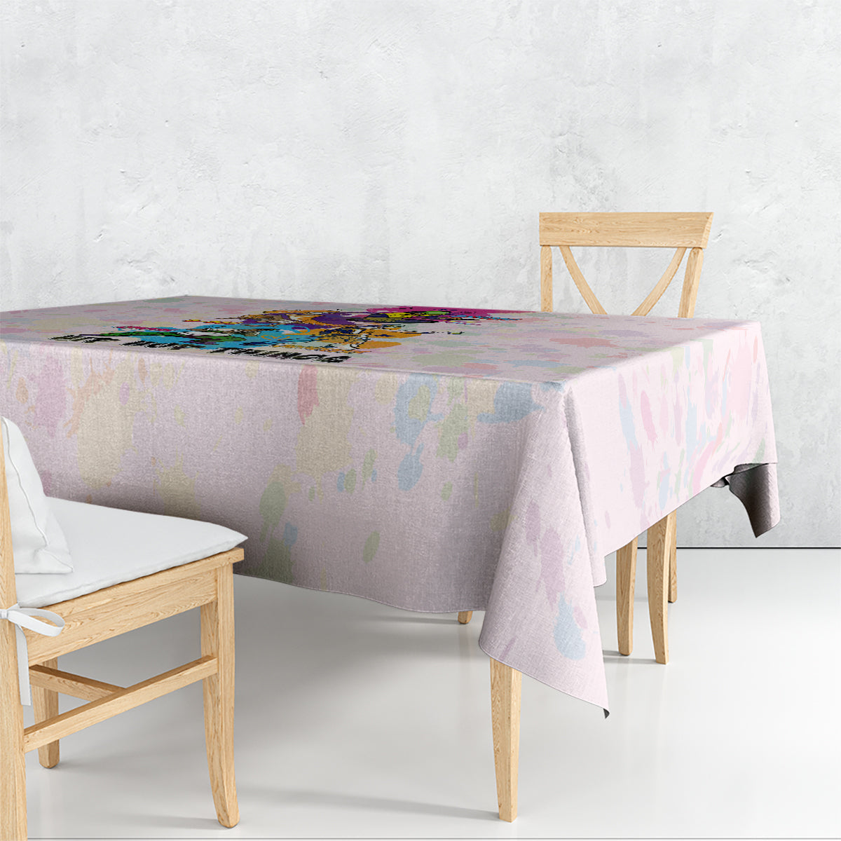 Hip hop tablecloth draped on dining table, colorful graffiti-style border pattern