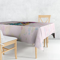 Hip hop tablecloth draped on dining table, colorful graffiti-style border pattern