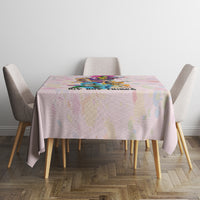Hip hop tablecloth on small round table, colorful center graphic on pastel base