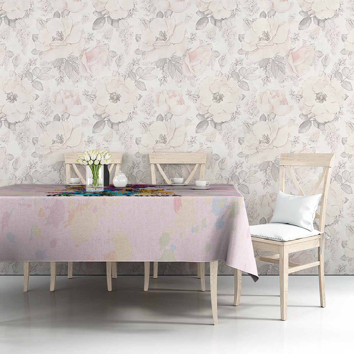 Hip hop tablecloth on long table, multicolor text and splatter design over purple