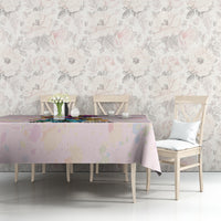 Hip hop tablecloth on long table, multicolor text and splatter design over purple