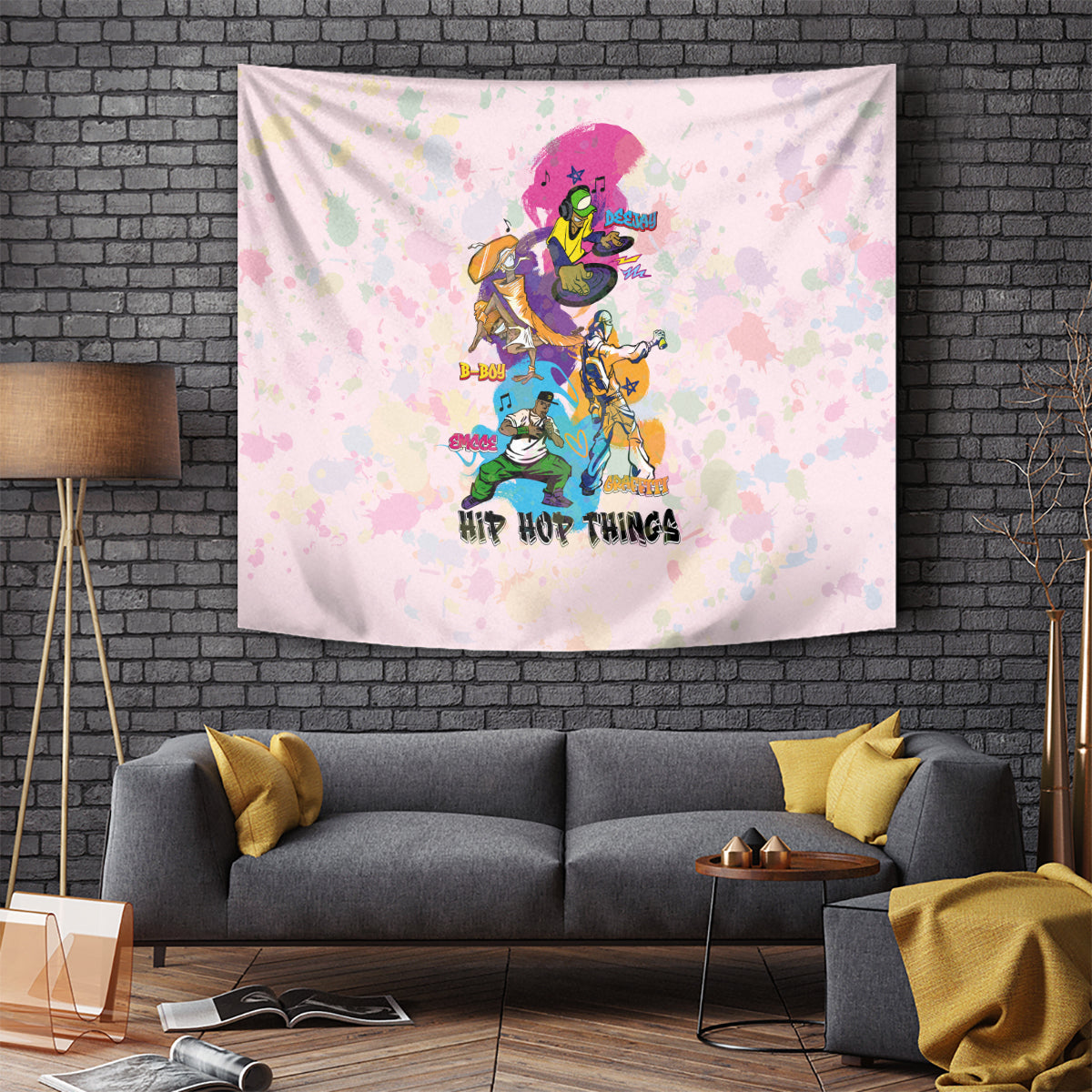 Purple hip hop tapestry wall hanging with graffiti dancer graphic and colorful splatters