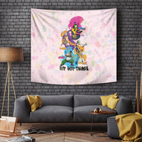 Purple hip hop tapestry wall hanging with graffiti dancer graphic and colorful splatters