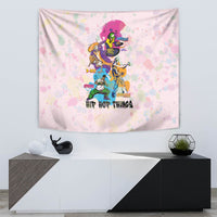 Purple hip hop tapestry wall hanging with colorful dancer artwork and graffiti-style captions
