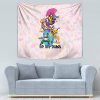 Purple hip hop tapestry wall hanging with cartoon dancers, paint splashes, and dark text