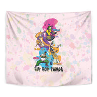 Purple hip hop tapestry wall hanging with stacked dancer characters and "HIT HOT THINGS"