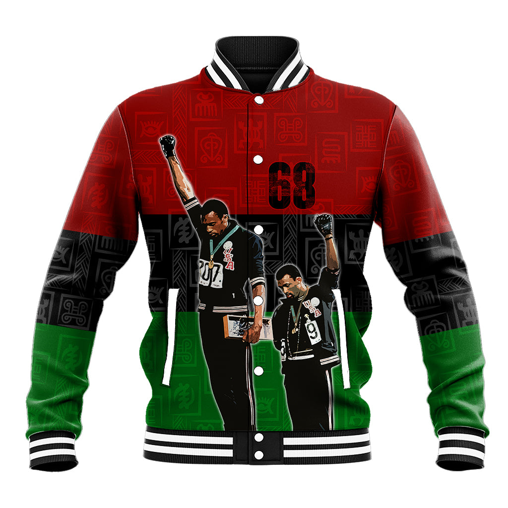 Baseball varsity jacket, striped collar and cuffs, button front, athletes graphic on red/black/green
