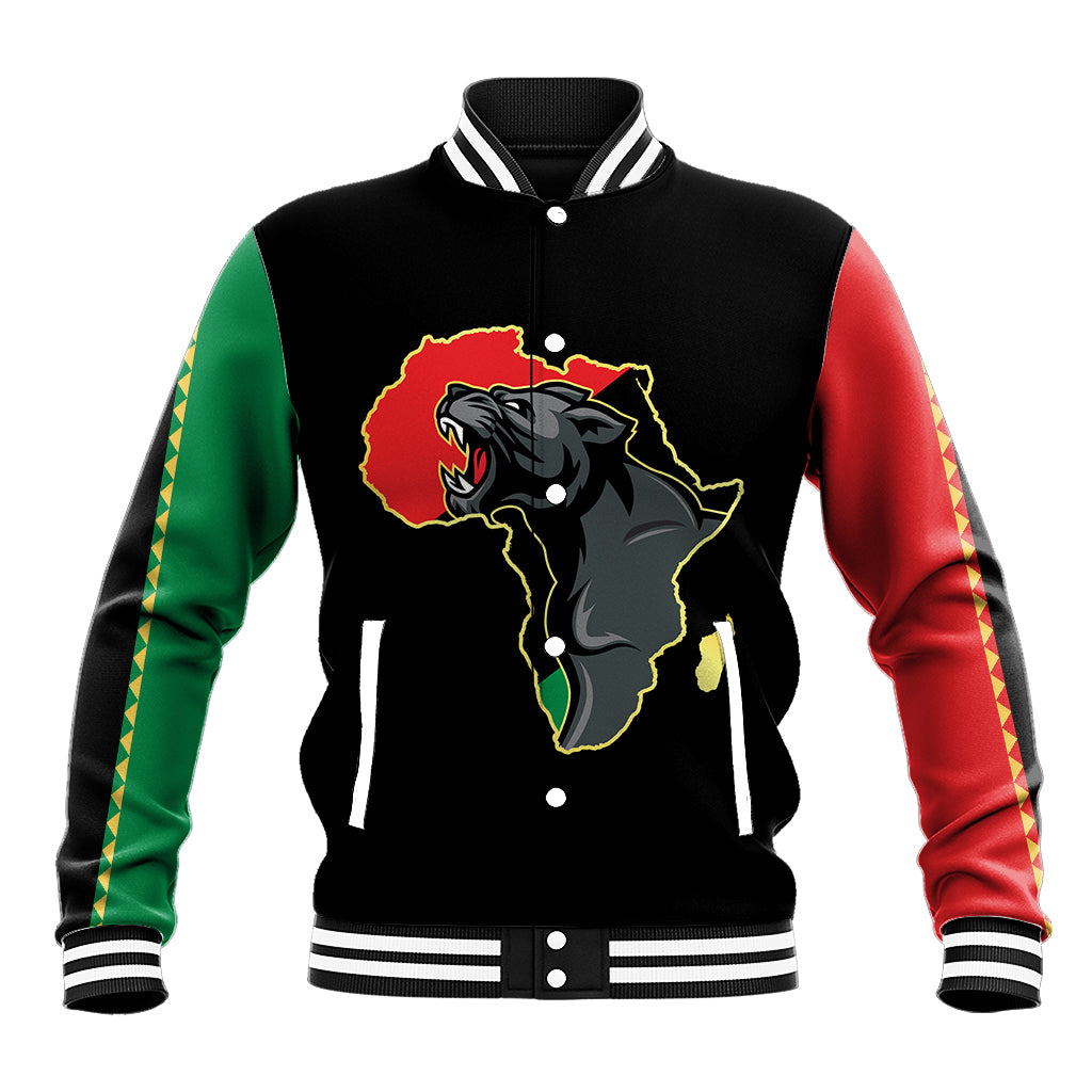 Black varsity baseball jacket with striped collar, green/red sleeves, Africa panther graphic