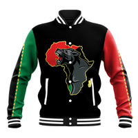 Black varsity baseball jacket with striped collar, green/red sleeves, Africa panther graphic