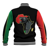 Black baseball jacket with striped back collar, Africa panther graphic, green/red sleeves