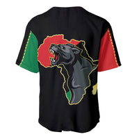 Black baseball jersey with panther and Africa map graphic on back, red sleeve panel