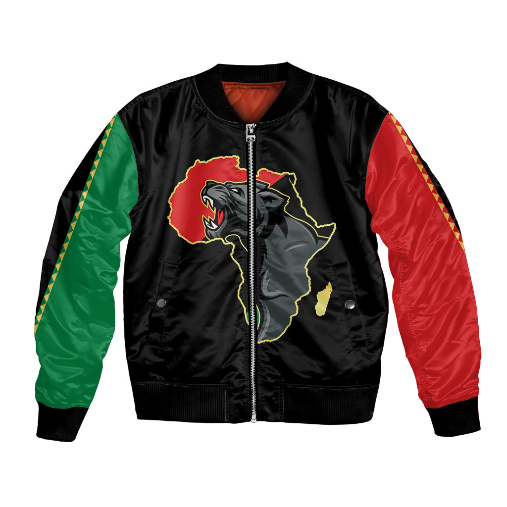 Black bomber jacket with full-zip front and Africa panther map graphic, ribbed cuffs