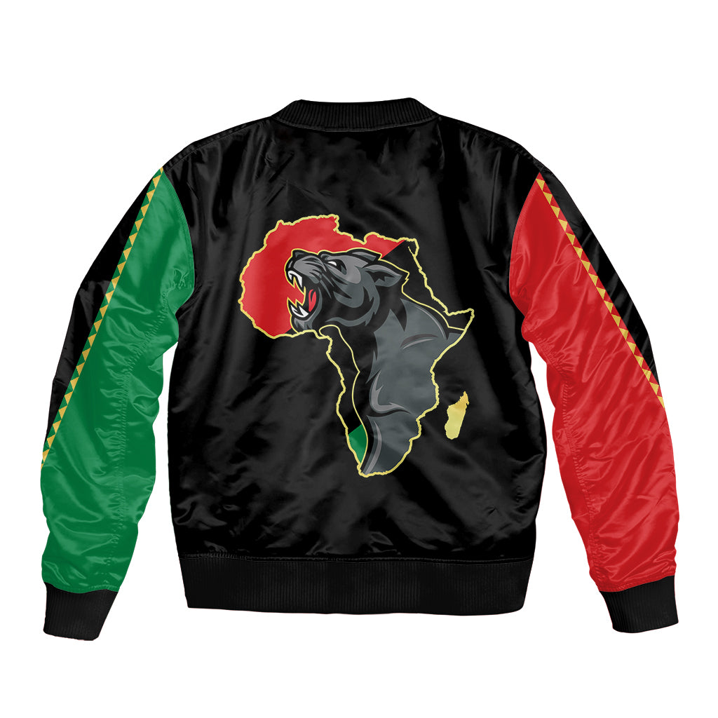 Black bomber jacket, back view with Africa panther map graphic and ribbed hem