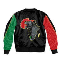 Black bomber jacket, back view with Africa panther map graphic and ribbed hem