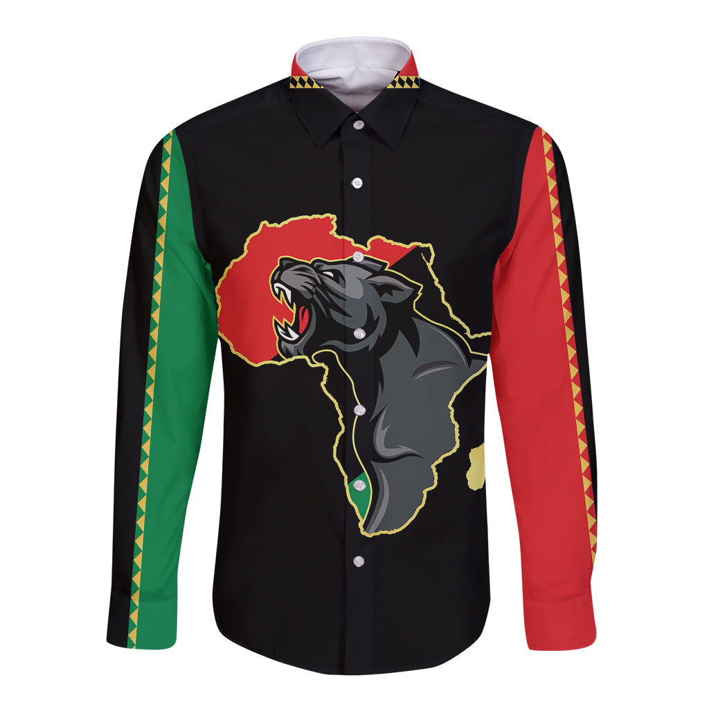 Black long-sleeve button shirt with Africa map and panther graphic, colorful side sleeves