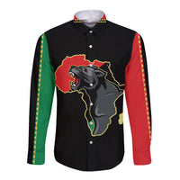 Black long-sleeve button shirt with Africa map and panther graphic, colorful side sleeves