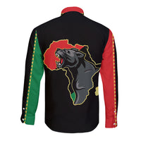 Black long-sleeve button shirt, back view with Africa map and panther graphic, colorful sleeves