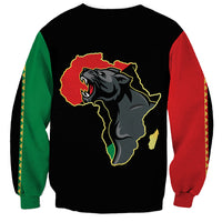 Black crewneck sweatshirt with Africa map and panther graphic; green left, red right sleeves.