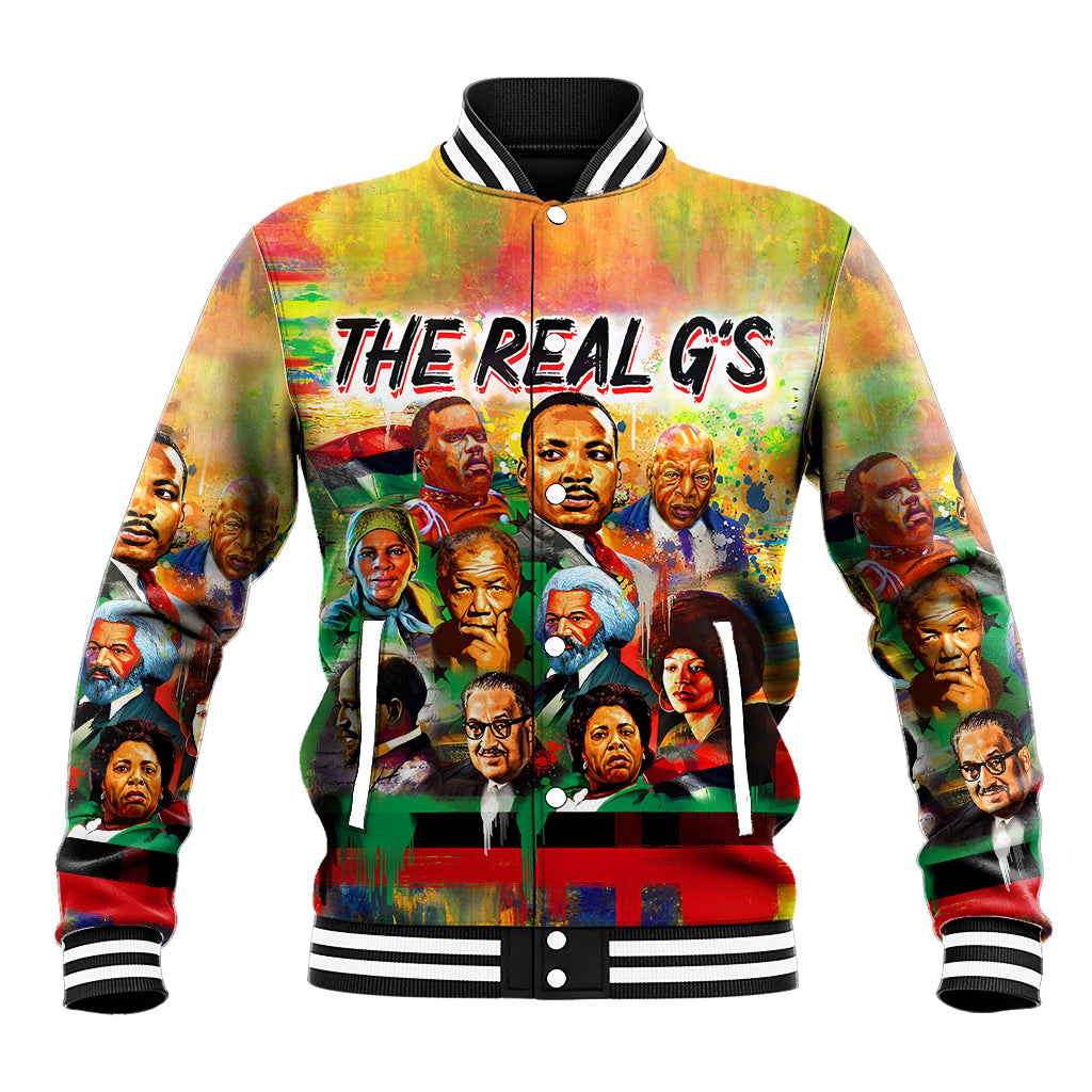 Multicolor baseball jacket with ribbed collar, snap buttons, and leader graphic